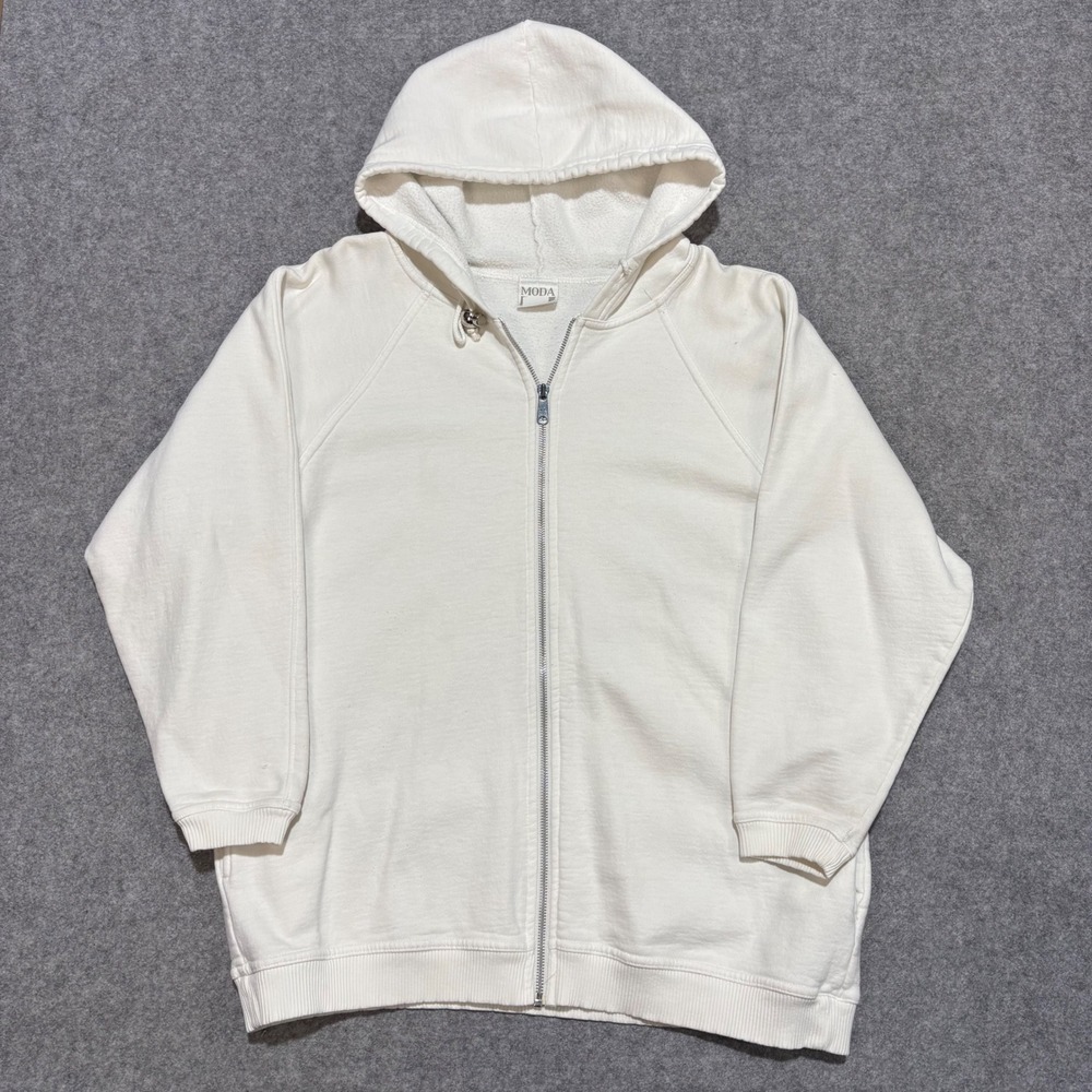 Moda International Vintage Cream Zip Up Hoodie Sweatshirt Off White Large